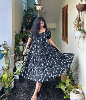  Cotton Suit cotton middi gown for women in black and white with puff sleeves and flowing skirt