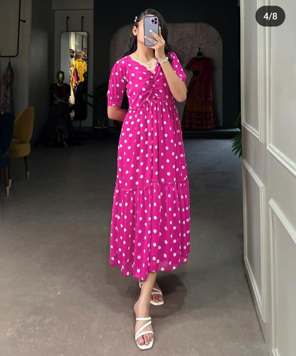 Cotton Suit cotton pink midi dress for women with white polka dots and short sleeves