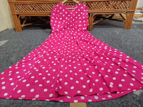 Cotton Suit cotton pink midi dress for women with white polka dots and long sleeves gown