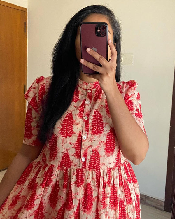 Cotton Suit cotton regular wear midi dress with red floral print and button-down front