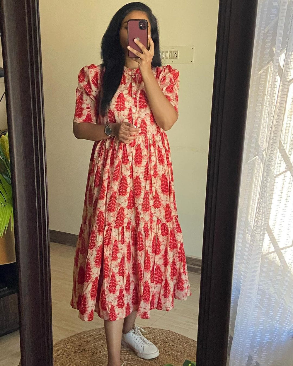 Cotton Suit cotton regular wear midi dress with red floral print and puff sleeves
