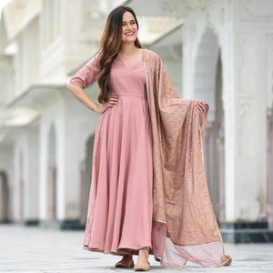 Shringaar pink designer kurti for women with matching embroidered dupatta and full sleeves