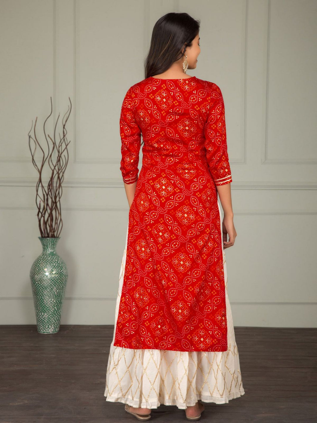 Women Embroidered Bandhej Print Kurta Sharara Set