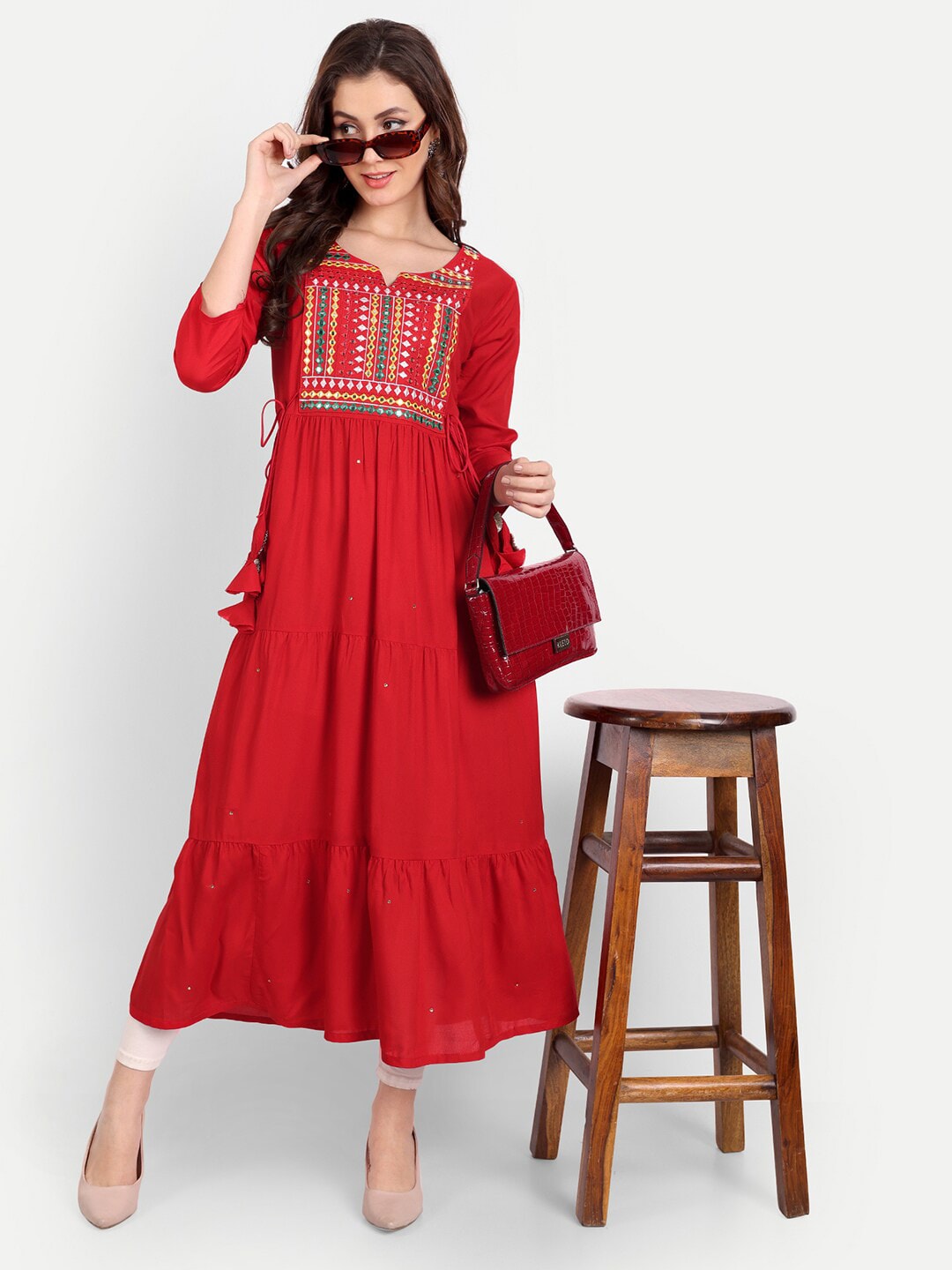 red Embellished Mirror Work Rayon A-line Kurta Gown