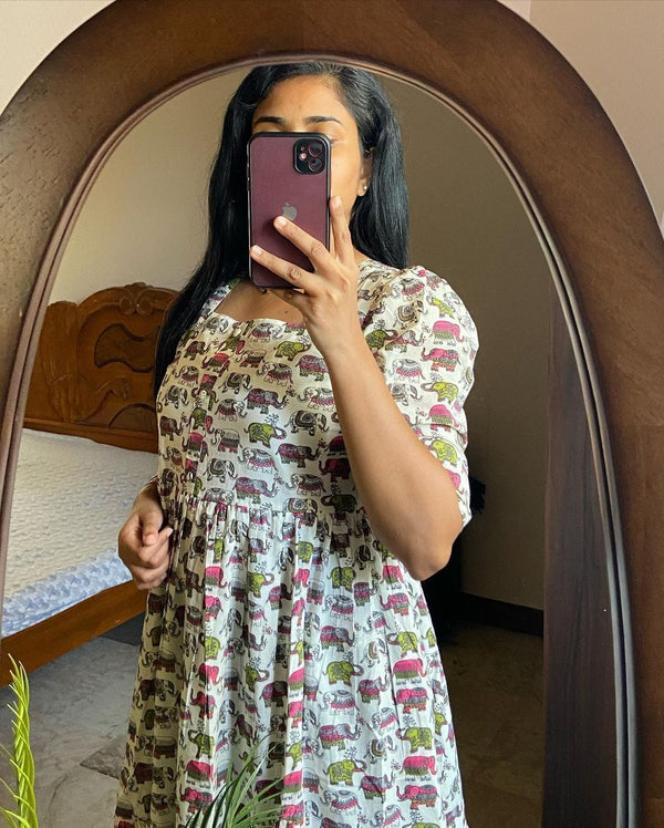 Cotton Suit elephant print cotton dress featuring colorful elephant patterns and a comfortable fit
