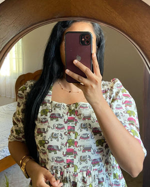 Cotton Suit elephant print cotton dress with colorful elephants and button-down front