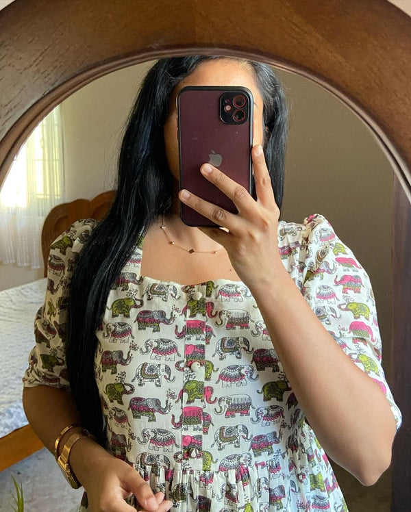 Cotton Suit elephant print cotton dress with colorful elephants and button-down front