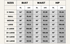 Size chart for Cotton Suit ethnic wear handblock design showing bust waist and hip measurements in inches and centimeters