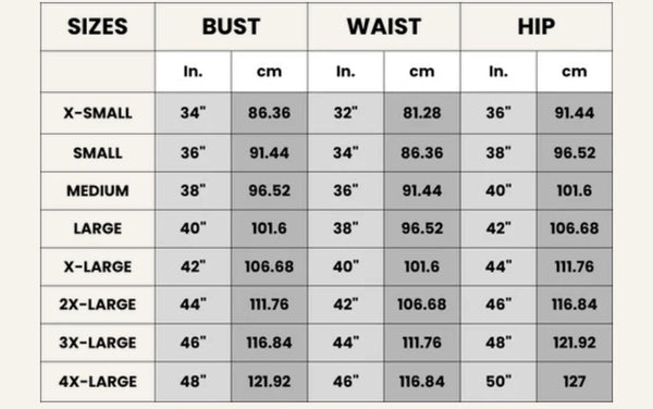 Size chart for Cotton Suit ethnic wear handblock design showing bust waist and hip measurements in inches and centimeters