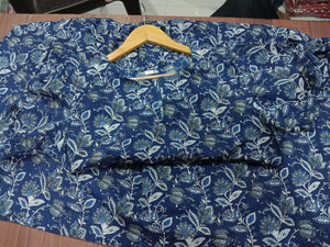 Sugamdha floral midi dress for women in blue with white leaf and flower patterns on a wooden hanger