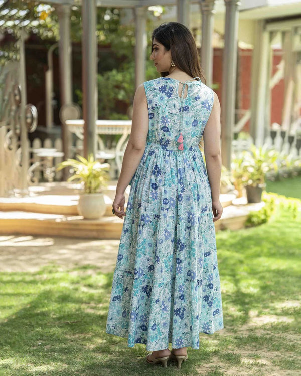 Cotton Suit sleeveless floral gown shown from back, perfect women's summer maxi dress for outdoor wear