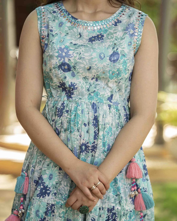 Cotton Suit women's summer maxi dress in blue floral print sleeveless gown with tassel details