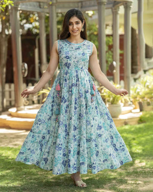 Cotton Suit women's summer maxi dress sleeveless blue floral gown with flowing skirt perfect for warm weather