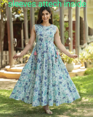 Cotton Suit women's summer maxi dress floral print sleeveless gown with flowy skirt in outdoor setting
