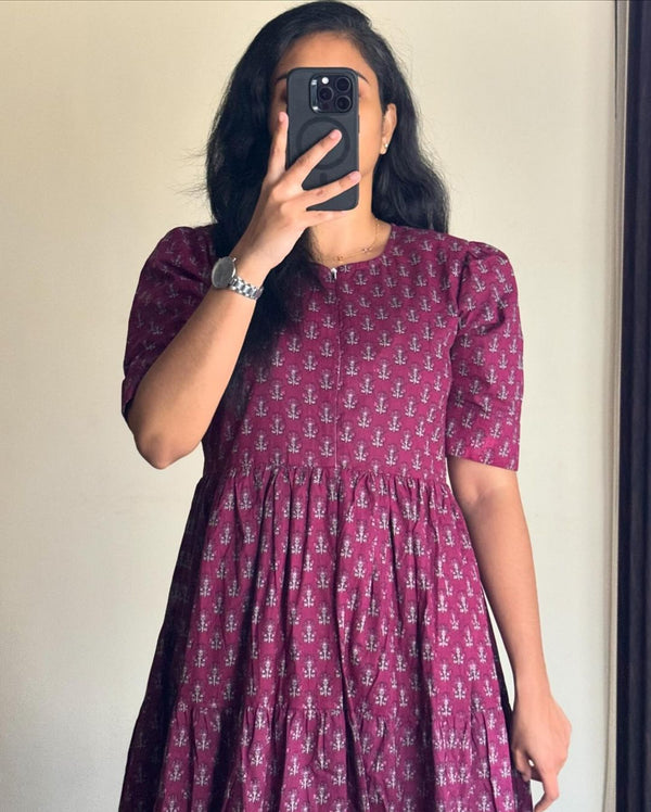 Woman wearing maroon floral printed cotton maxi dress with short sleeves by Cottonsuit