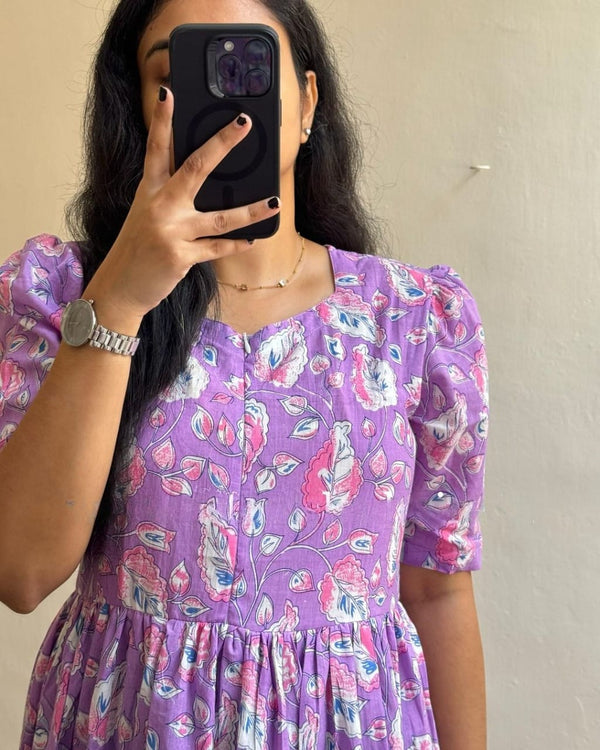 Cotton Suit flower print cotton maxi dress in purple with pink and white floral patterns and puff sleeves