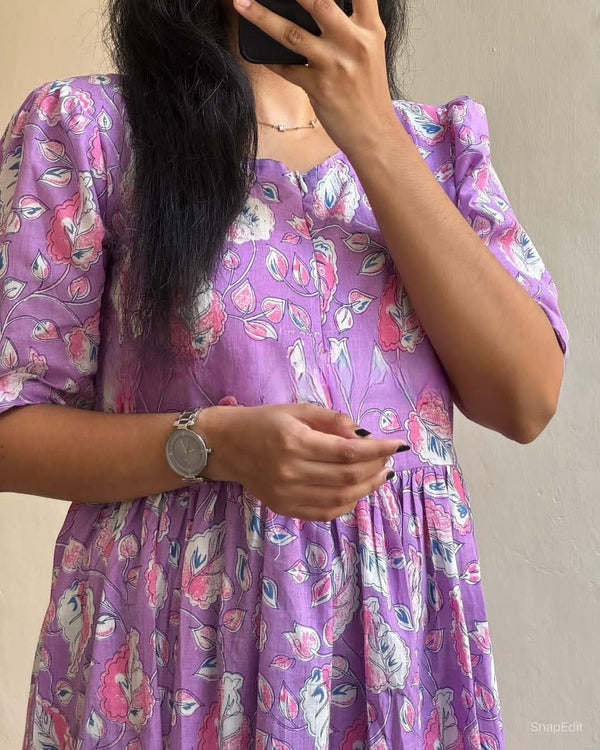 Cotton Suit flower print cotton maxi dress in purple with pink and white flowers and puff sleeves