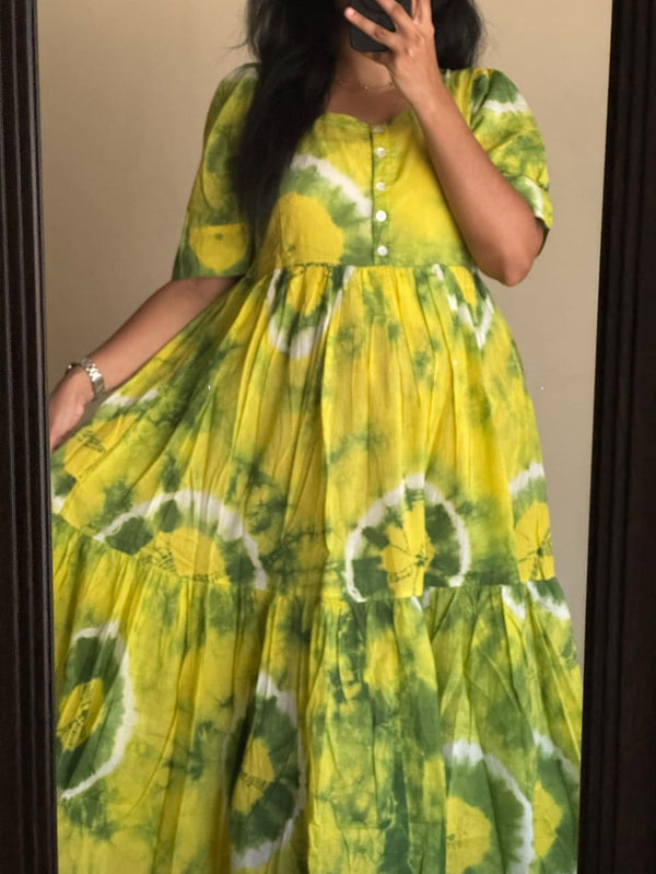 Cotton Suit green cotton midi gown for women with tie-dye pattern and short sleeves