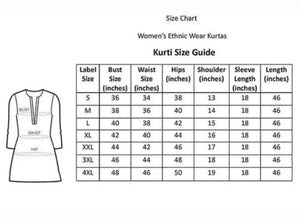 Size chart for women's ethnic wear kurtas showing measurements for bust waist hips shoulder sleeve length in inches