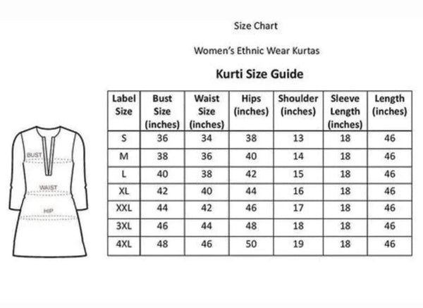Size chart for women's ethnic wear kurtas showing measurements for bust waist hips shoulder sleeve length in inches