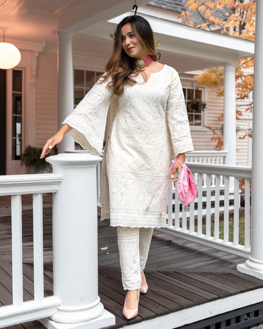 COTTON CHIKANKARI KURTI WITH PANT SET