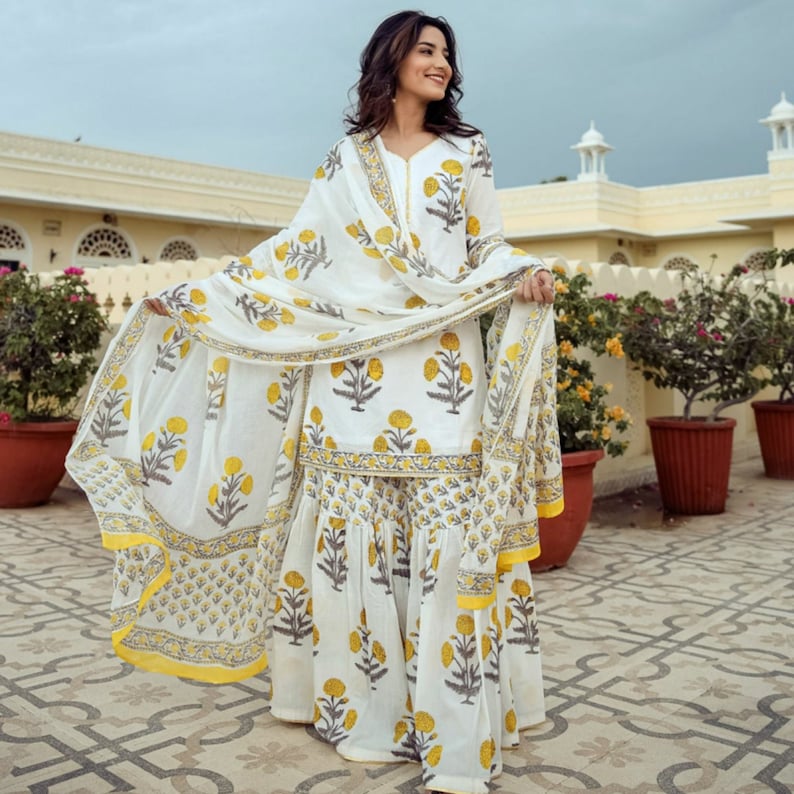 Off White Boota Print Kurti Sharara with Dupatta Set