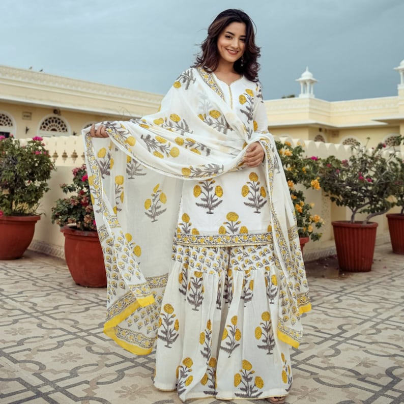 Off White Boota Print Kurti Sharara with Dupatta Set