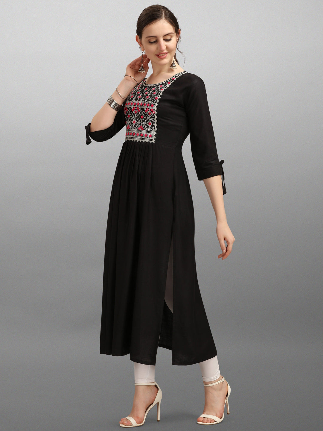 Black Embroidery Work Naira Cut A-line Kurta