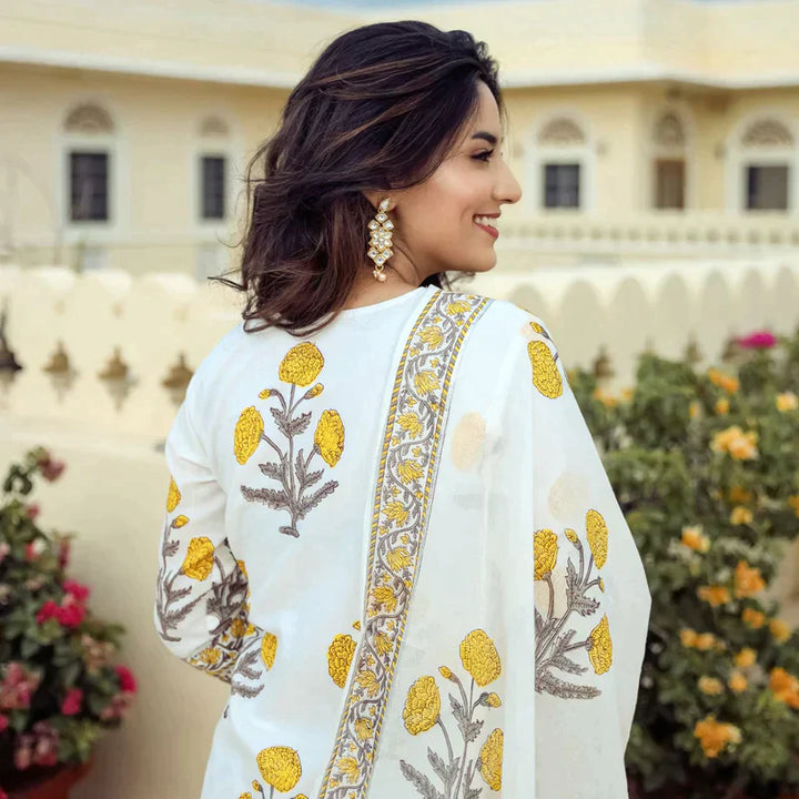 White Cotton Boota Printed Sharara Set Suit