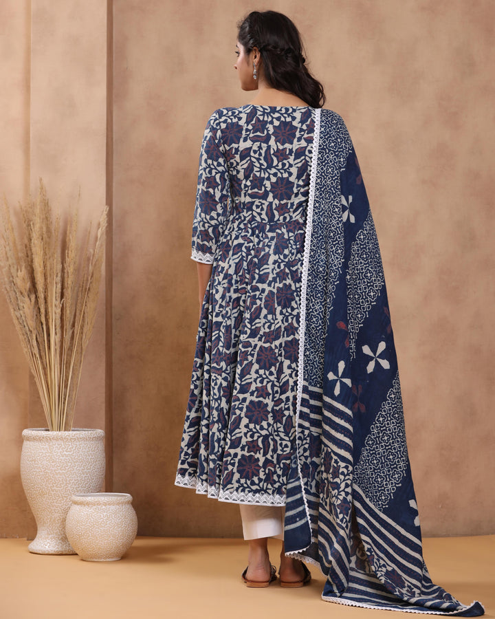 Indigo Pure Cotton Kurta Pant Dupatta Set