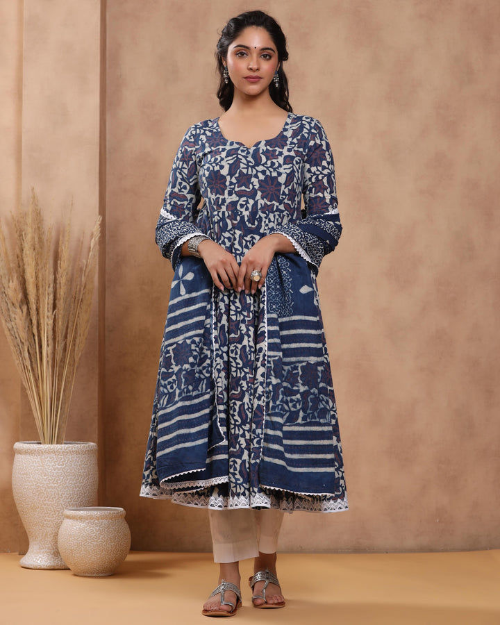 Indigo Pure Cotton Kurta Pant Dupatta Set