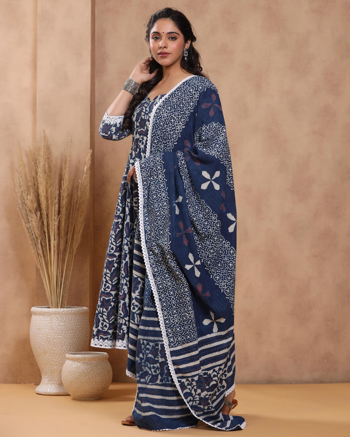 Indigo Pure Cotton Kurta Pant Dupatta Set