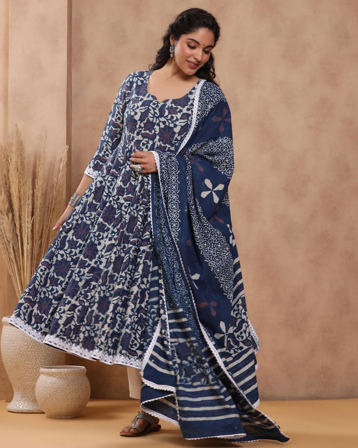 Indigo Pure Cotton Kurta Pant Dupatta Set