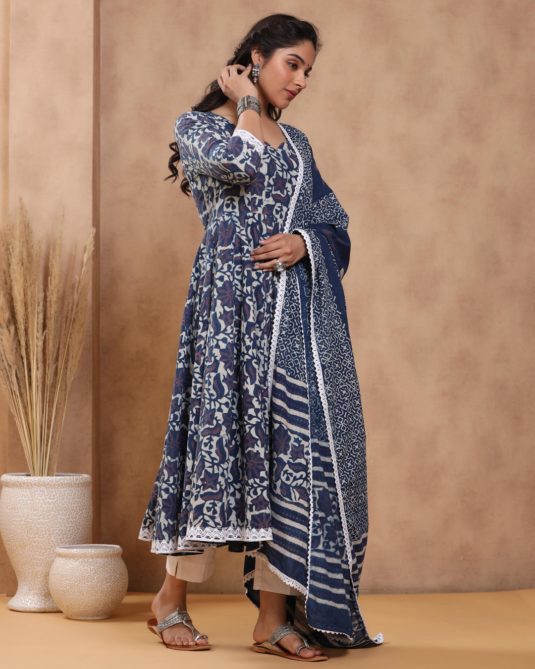 Indigo Pure Cotton Kurta Pant Dupatta Set