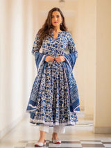 Indigo Floral Print Anarkali Kurta, Bottom & Dupatta Set