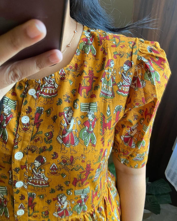 Cotton Suit mustard cotton midi dress with traditional printed design and buttoned front detail