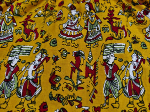 Cotton Suit mustard cotton midi dress with traditional artistic print featuring dancing figures and floral motifs