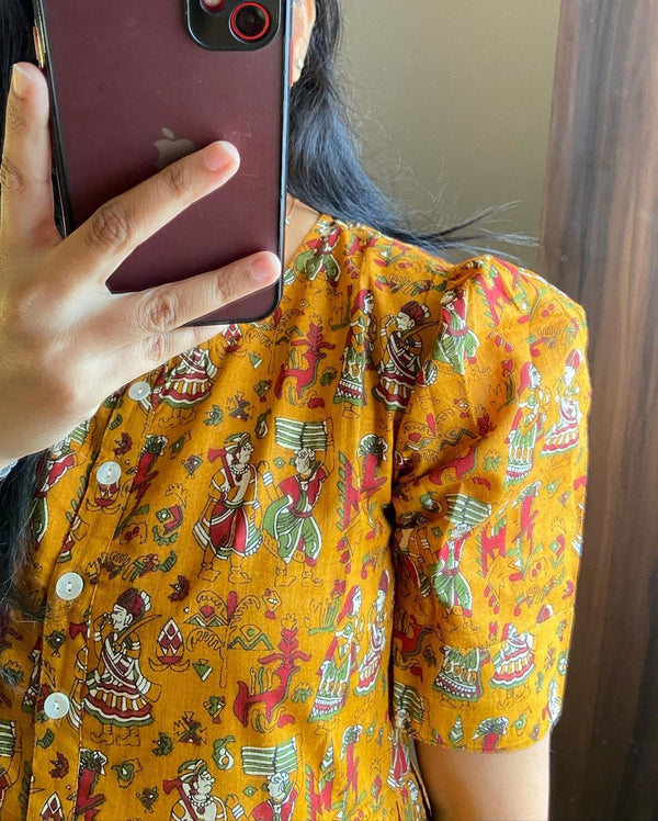 Cotton Suit mustard cotton midi dress with vibrant ethnic print and button-down front