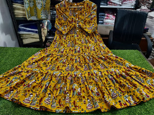 Cotton Suit mustard cotton midi dress with vibrant traditional print and flared midi length gown design