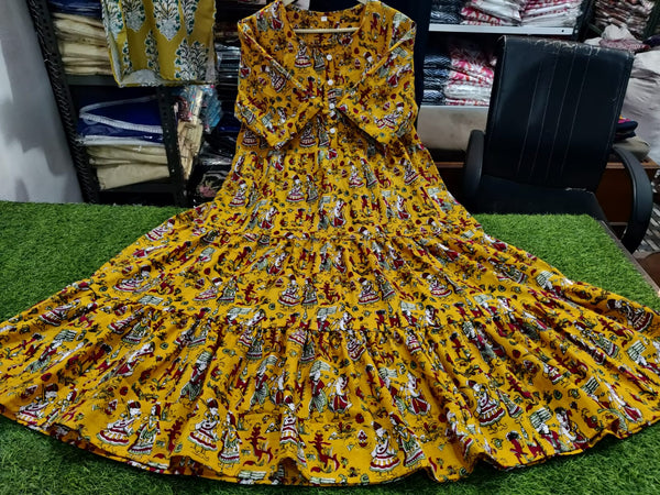 Cotton Suit mustard cotton midi dress with vibrant traditional print and flared midi length gown design