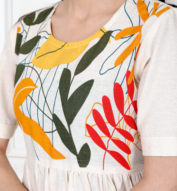 Cotton Suit off white cotton gown for women with colorful floral print and short sleeves
