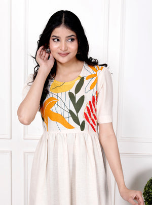 Cotton Suit off white cotton gown for women with colorful floral print and half sleeves