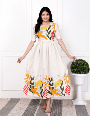 Cotton Suit off white cotton gown for women with colorful floral prints and half sleeves