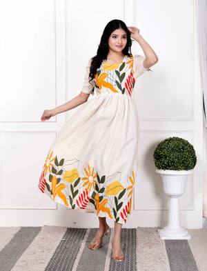 Off white cotton gown for women by Cotton Suit with colorful floral embroidery and mid-length fit