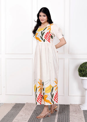 Off white cotton gown for women by Cotton Suit featuring colorful floral prints and puff sleeves