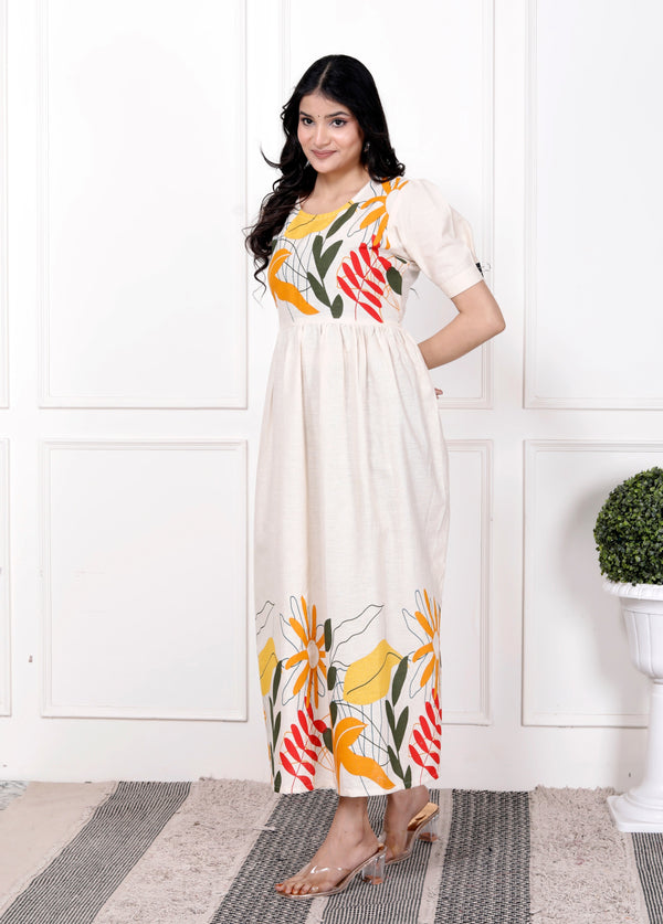 Off white cotton gown for women by Cotton Suit featuring colorful floral prints and puff sleeves