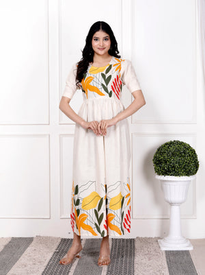 Cotton Suit off white cotton gown for women with colorful floral prints and short sleeves
