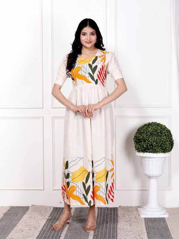 Cotton Suit off white cotton gown for women with colorful floral prints and short sleeves
