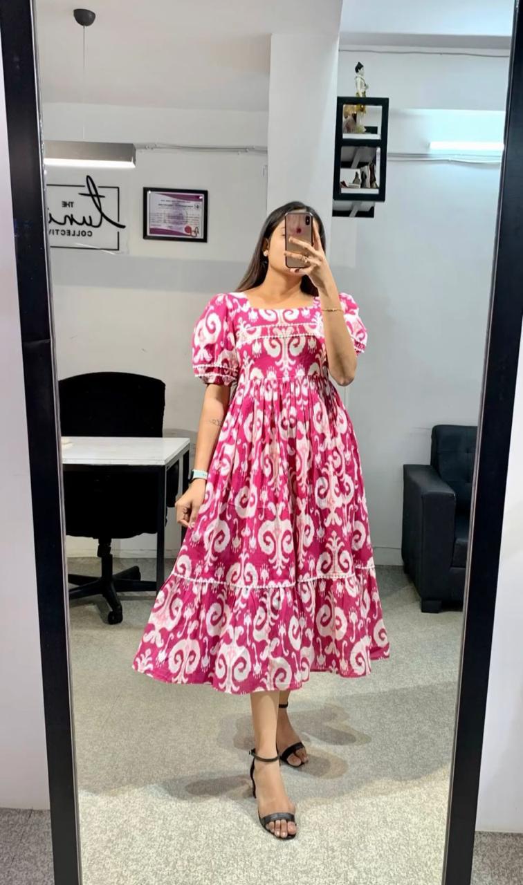 Cotton Suit women's casual cotton midi dress in pink and white with puff sleeves and flowy design