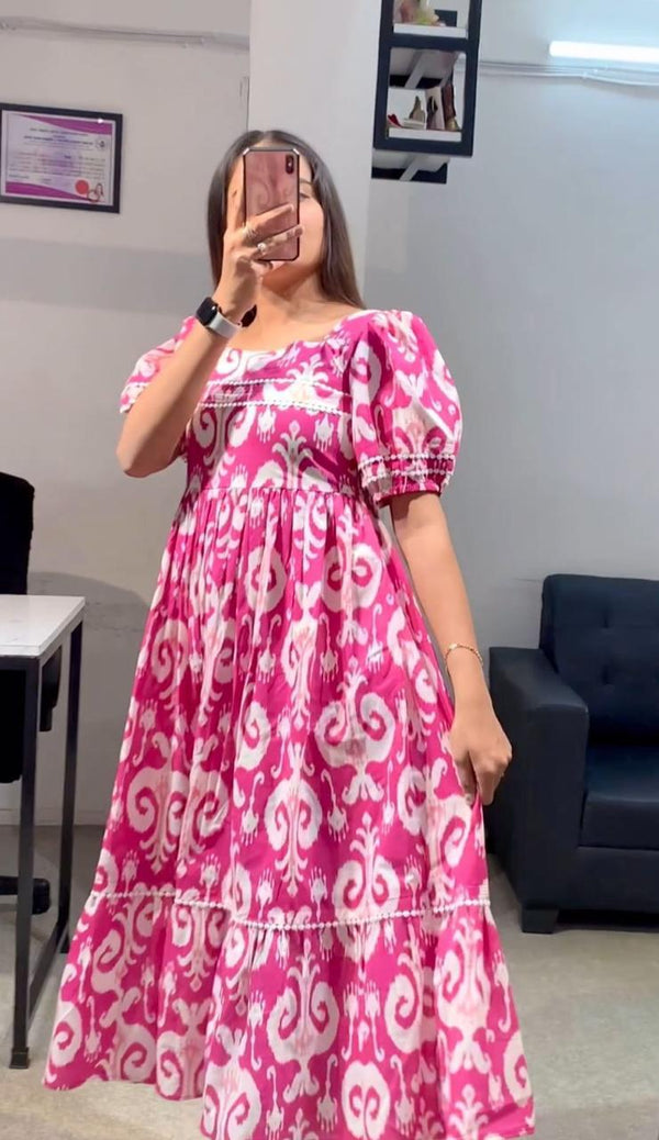 Cotton Suit women's casual cotton midi dress in pink and white with puff sleeves and a flowing skirt